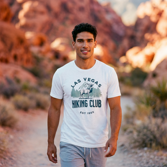 Las Vegas Hiking Club Las Vegas t-shirt lifestyle shot in white