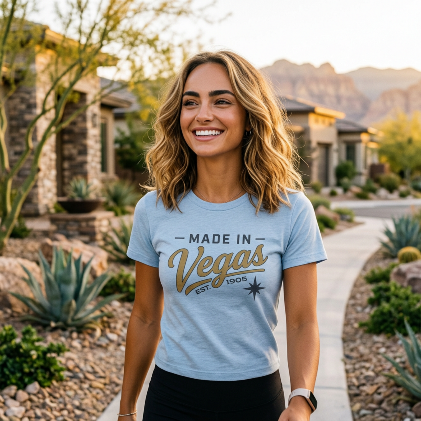 Made In Vegas Women's Baby Las Vegas mom t-shirt lifestyle shot in baby blue