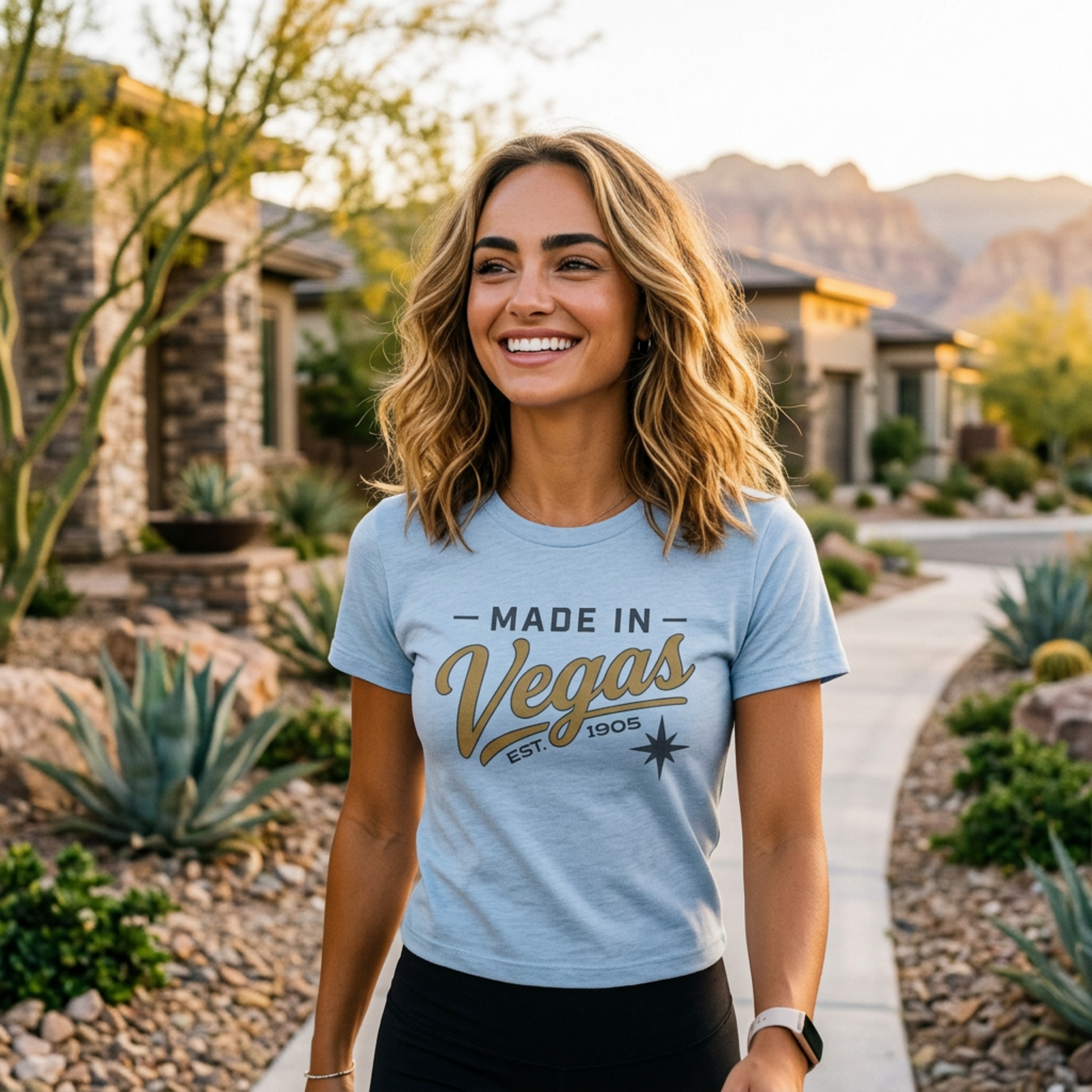 Made In Vegas Women's Baby Las Vegas mom t-shirt lifestyle shot in baby blue