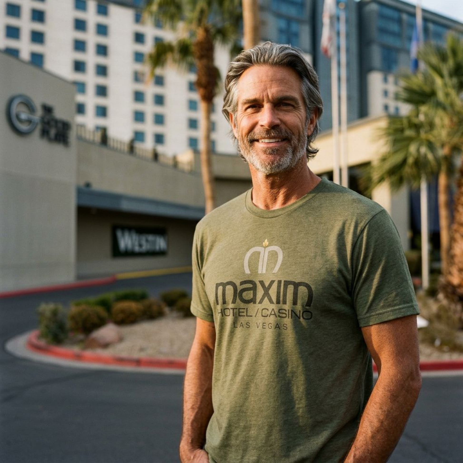 Maxim Hotel & Casino Las Vegas area code t-shirt lifestyle shot in military green