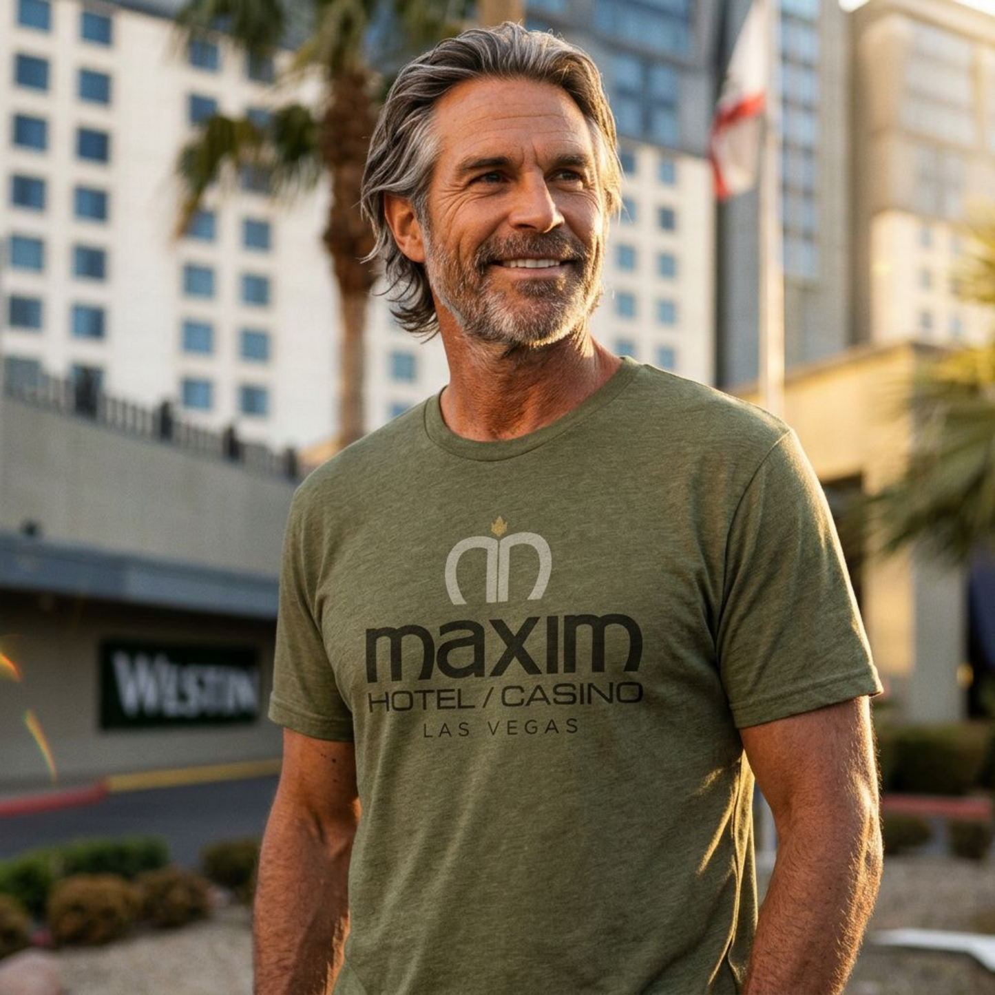 Maxim Hotel & Casino Las Vegas area code t-shirt lifestyle shot in military green