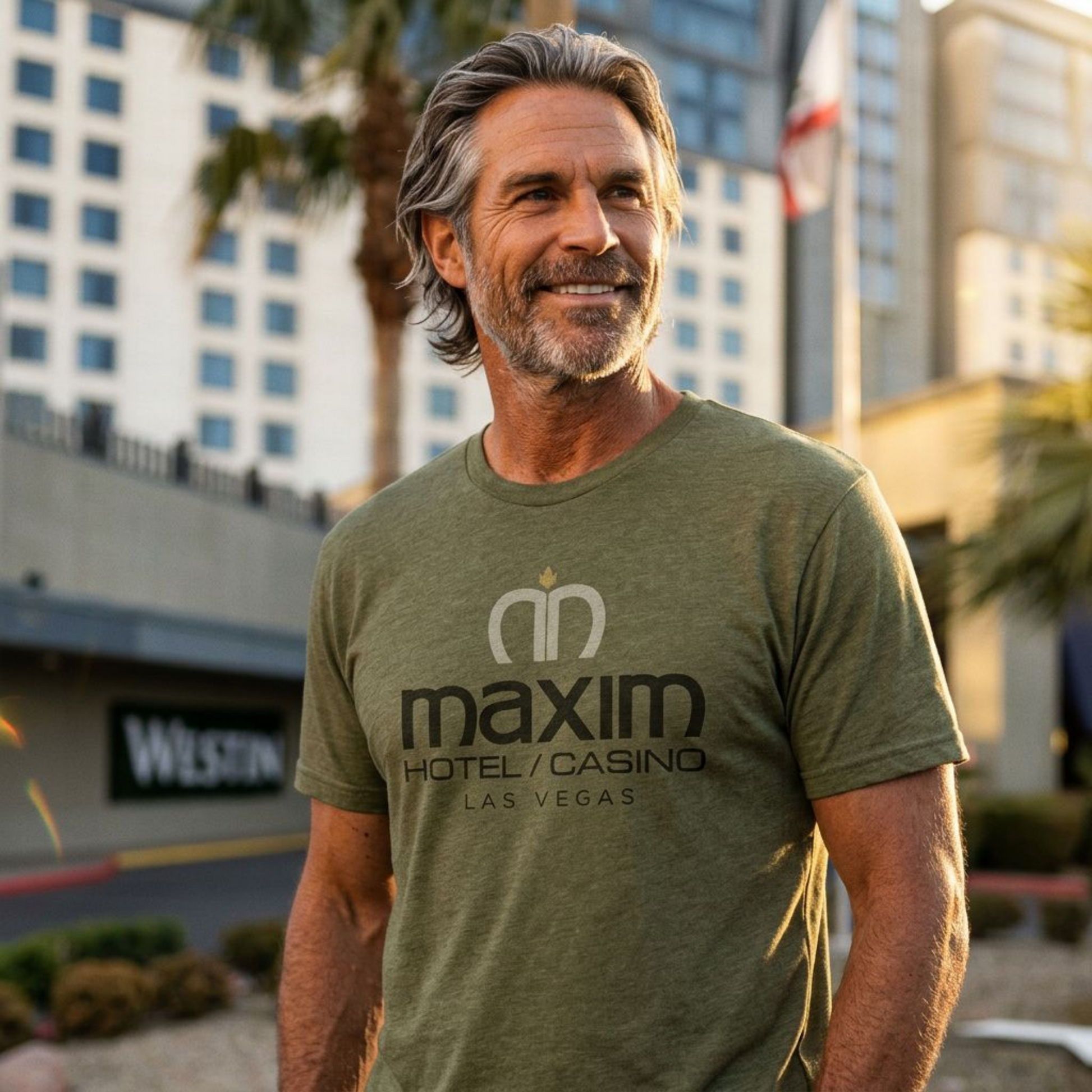 Maxim Hotel & Casino Las Vegas area code t-shirt lifestyle shot in military green