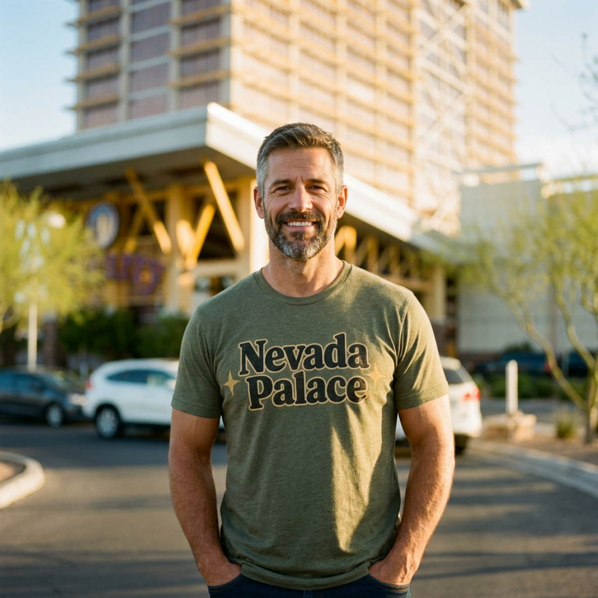 Nevada Palace Las Vegas t-shirt lifestyle shot in Military Green
