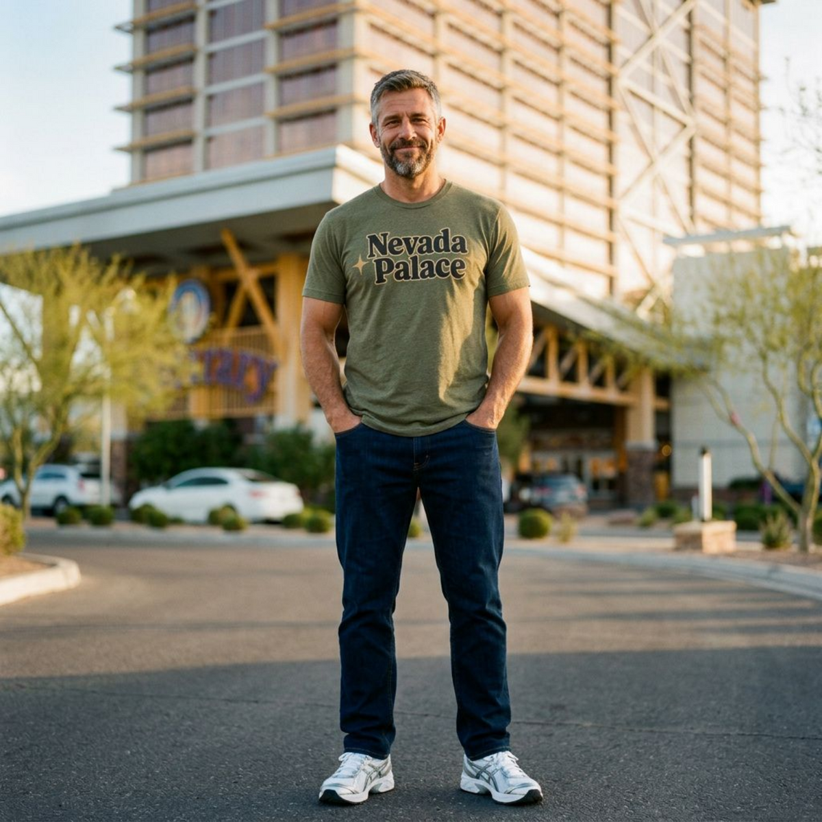Nevada Palace Las Vegas t-shirt third lifestyle shot in Military Green