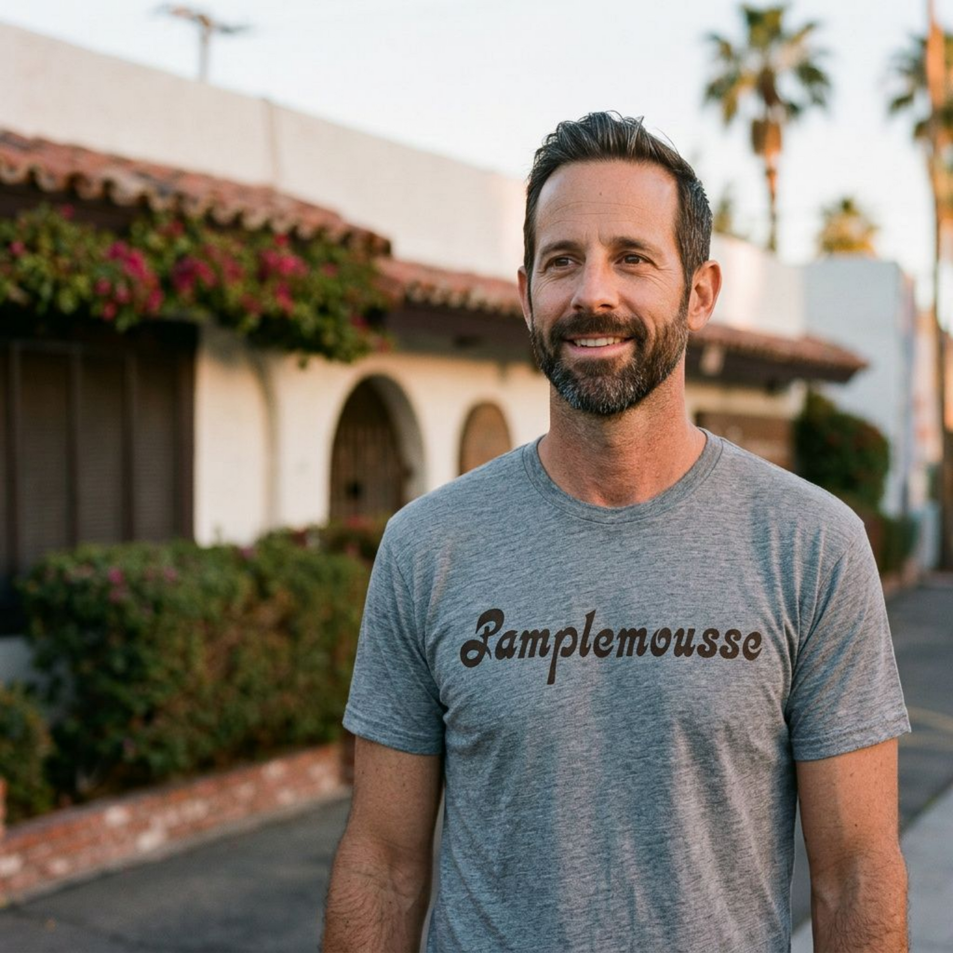 Pamplemousse Las Vegas t-shirt lifestyle shot in premium heather
