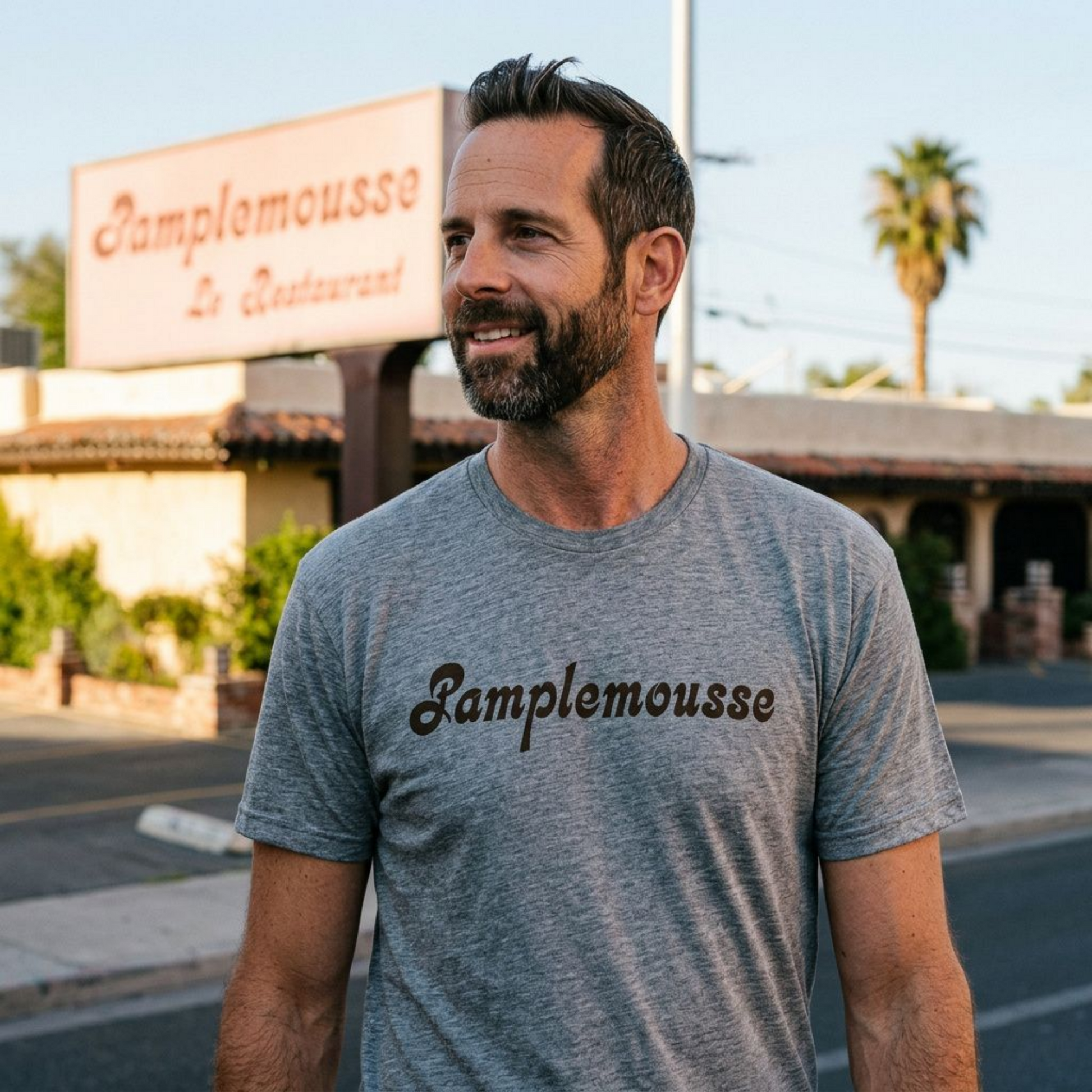 Pamplemousse Las Vegas t-shirt lifestyle shot in premium heather