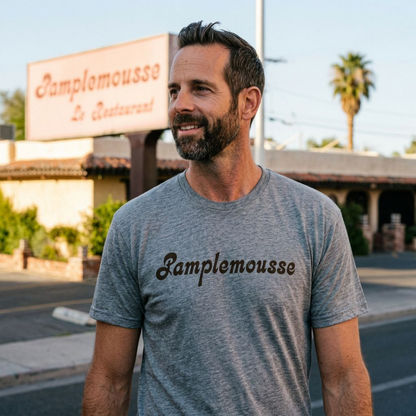 Pamplemousse Las Vegas t-shirt lifestyle shot in premium heather