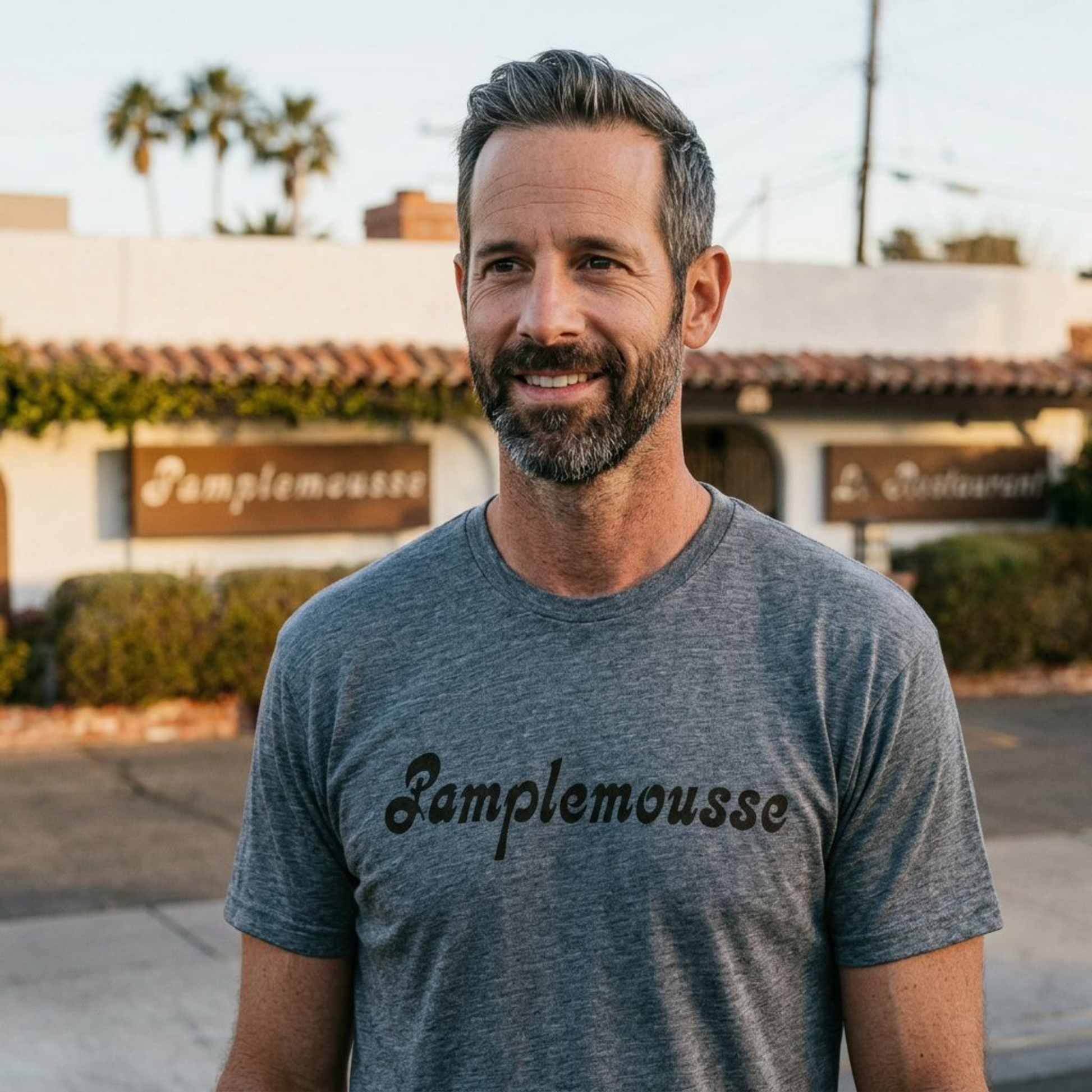 Pamplemousse Las Vegas t-shirt lifestyle shot in premium heather