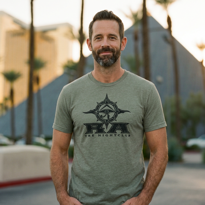RA Nightclub Las Vegas t-shirt lifestyle shot in Venetian Gray
