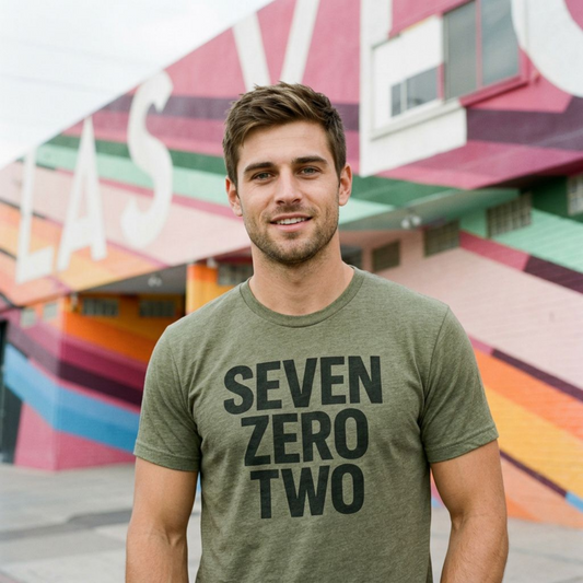 Close-up of a man wearing the military green Seven Zero Two Las Vegas T-shirt by a colorful mural