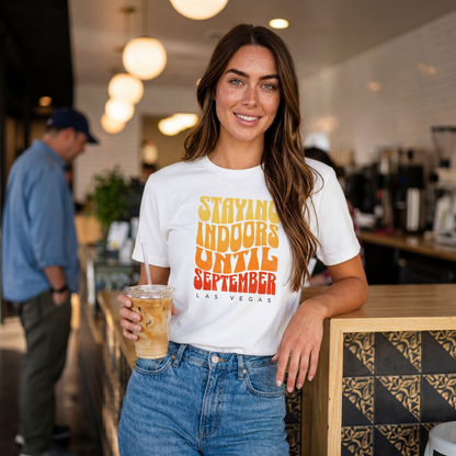 Staying Indoors Henderson Nevada t-shirt lifestyle shot in white