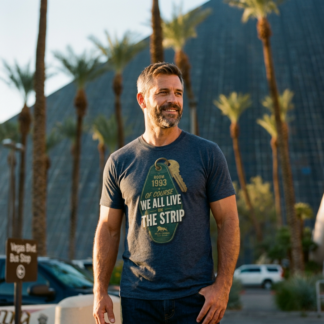 Strip Living Las Vegas t-shirt lifestyle shot in indigo