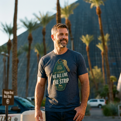 Strip Living Las Vegas t-shirt lifestyle shot in indigo