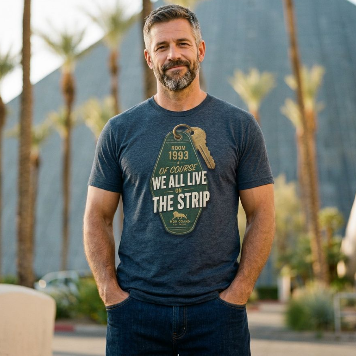 Strip Living Las Vegas t-shirt lifestyle shot in indigo