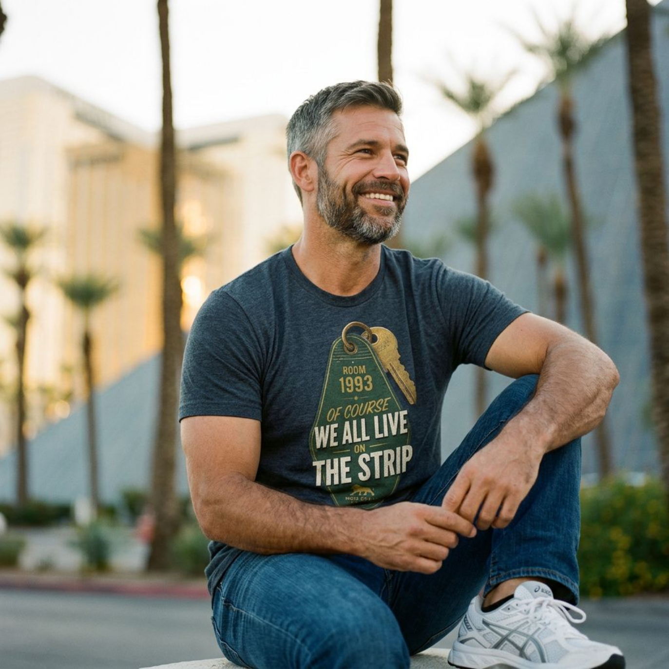 Strip Living Las Vegas t-shirt lifestyle shot in indigo