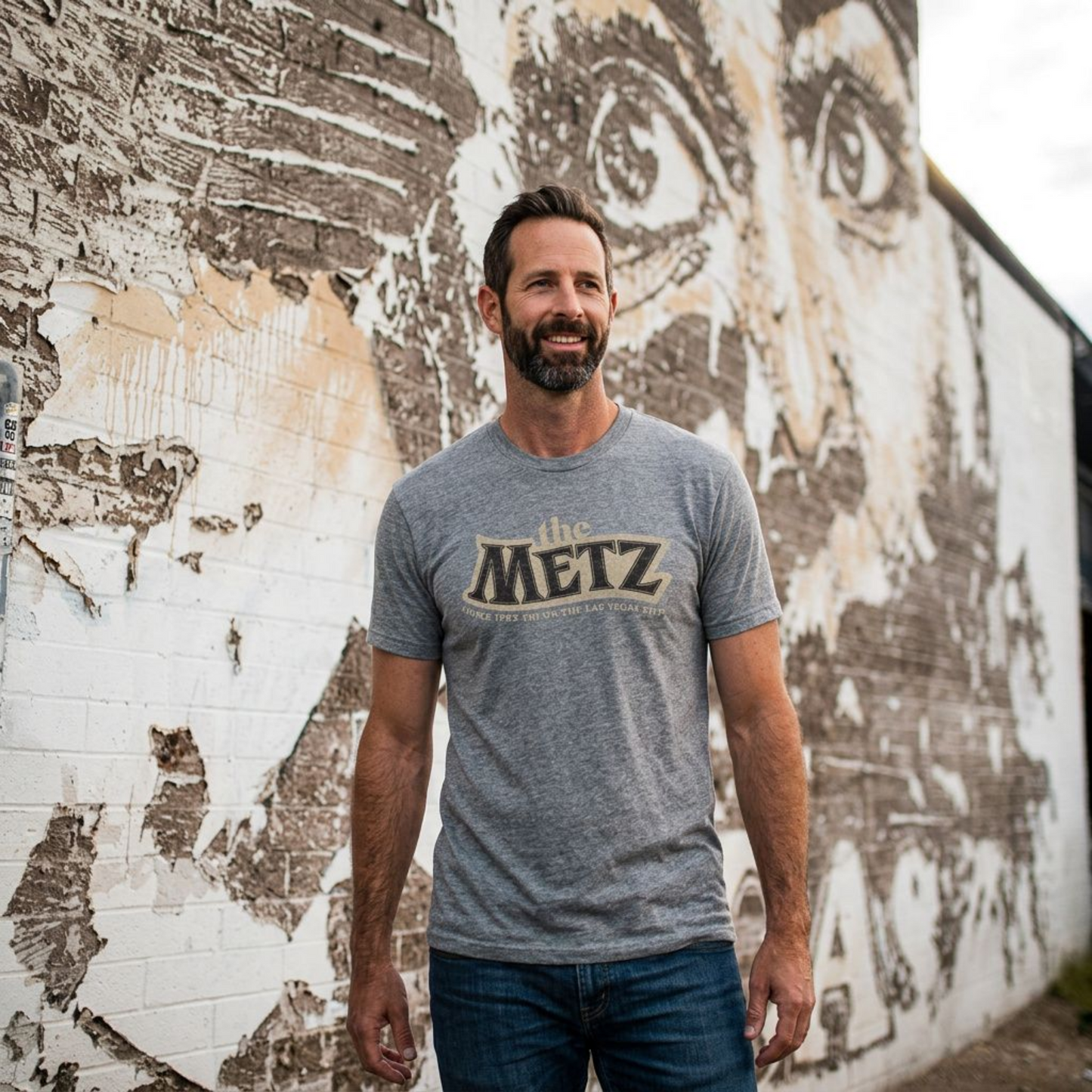 The Metz Las Vegas t-shirt lifestyle shot in premium heather