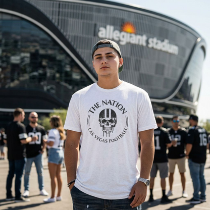 The Nation Skull Helmet Las Vegas Raiders t-shirt lifestyle shot in white