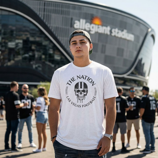 The Nation Skull Helmet Las Vegas Raiders t-shirt lifestyle shot in white