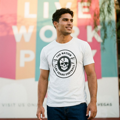 Man looking to the side in the white Nation Skull & Swords Las Vegas football T-shirt