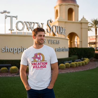 Vacation Village Las Vegas t-shirt lifestyle shot in White