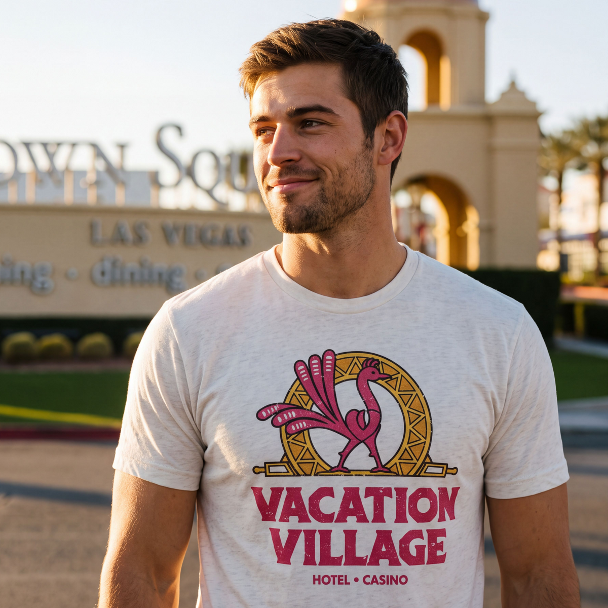 Vacation Village Las Vegas t-shirt third lifestyle shot in White