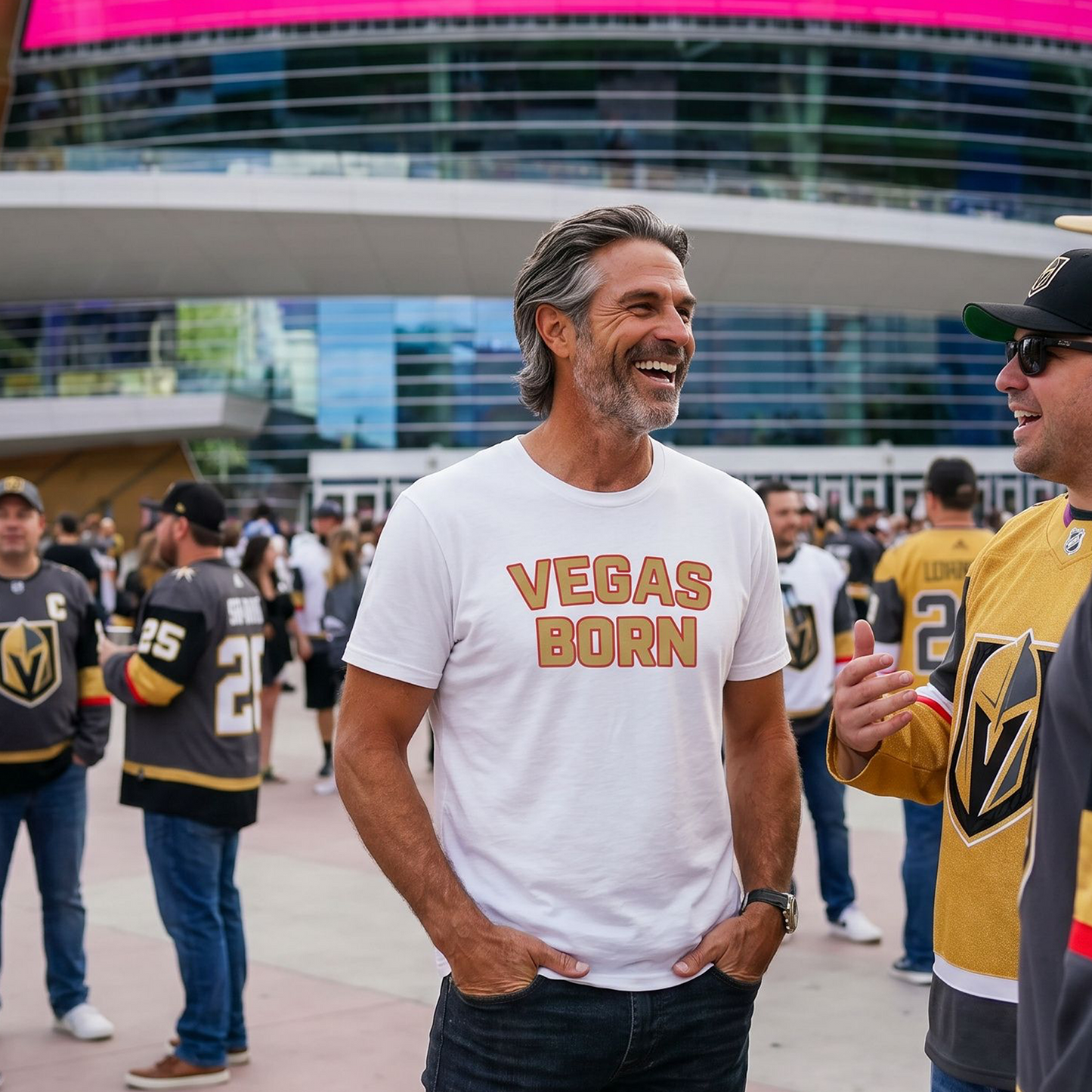 Vegas Born Gold and Red Edition Las Vegas t-shirt lifestyle shot in white