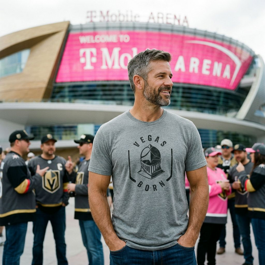Vegas Born Hockey Las Vegas Golden Knights t-shirt lifestyle shot in premium heather
