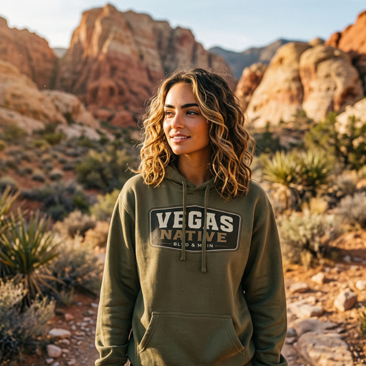 Vegas Native Badge Las Vegas hoodie lifestyle shot in army
