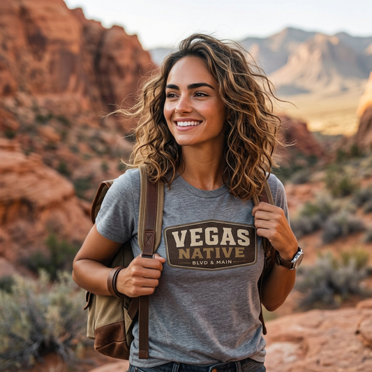 Las Vegas Native Badge t-shirt lifestyle shot in venetian gray