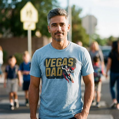 Vegas Super Dad Las Vegas dad t-shirt second lifestyle shot in vintage stonewash denim