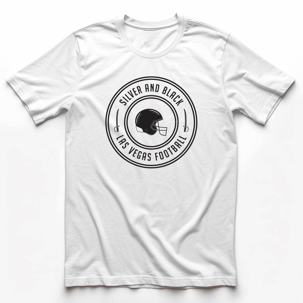 Silver and Black Helmet Las Vegas Raiders t-shirt in white