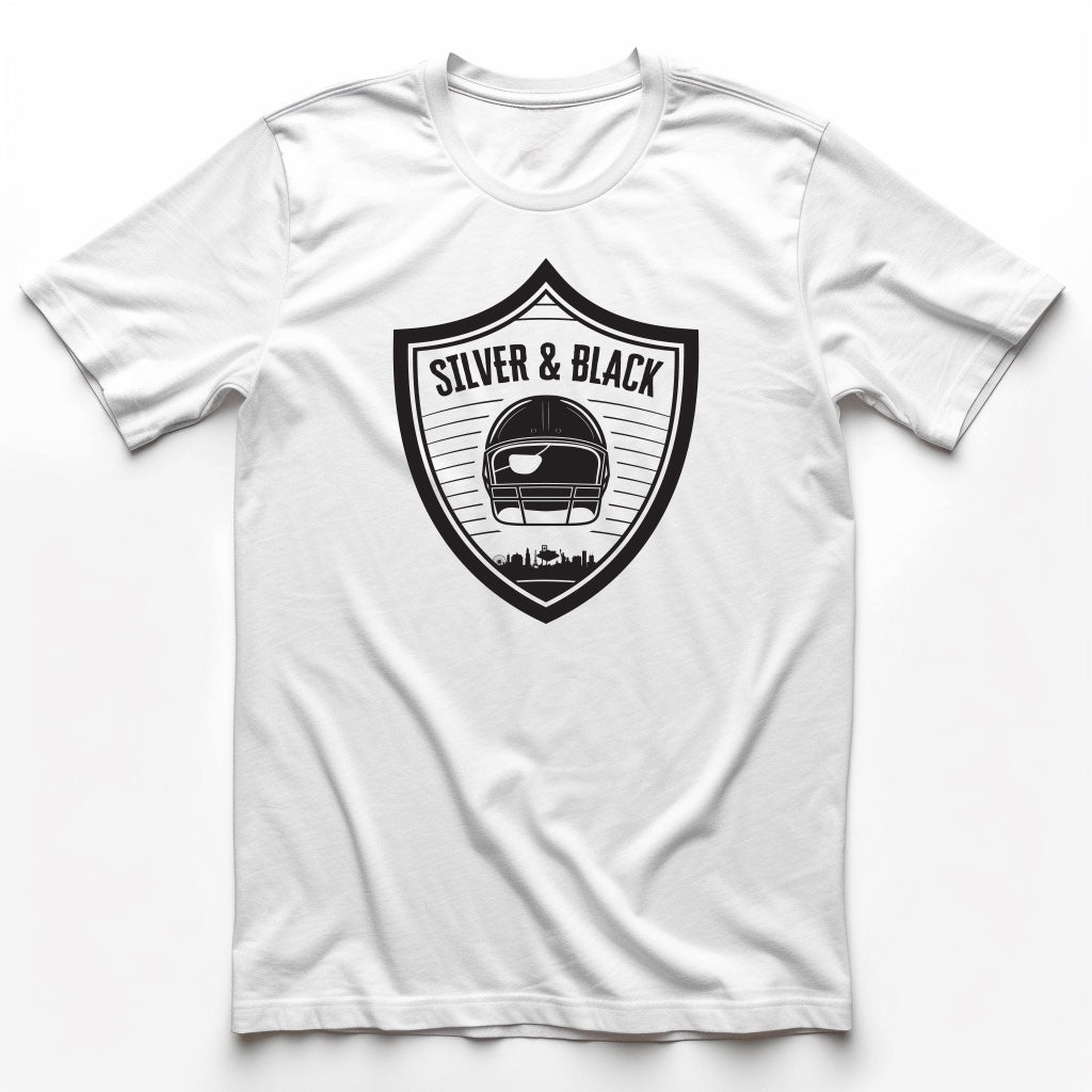 Silver and Black Shield Las Vegas Raiders t-shirt in white