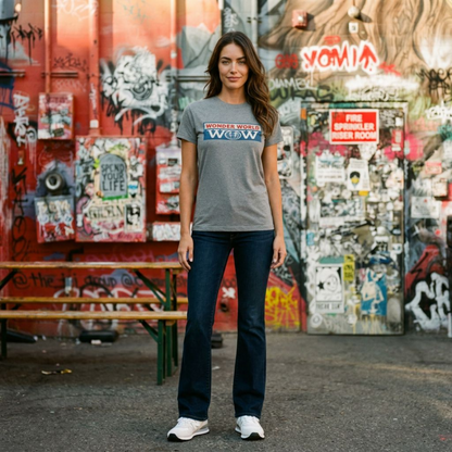 Wonder World Las Vegas t-shirt third lifestyle shot in Premium Heather